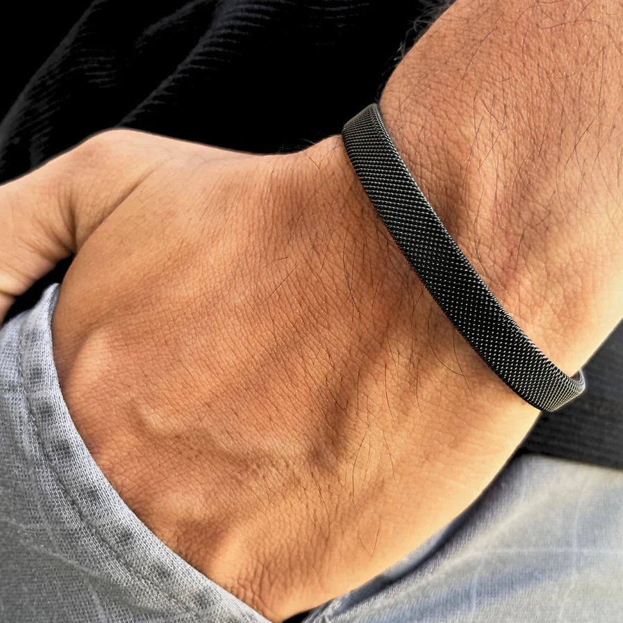 sigma Black Plated Woven Stainless Steel Cuff Bracelet For Men
